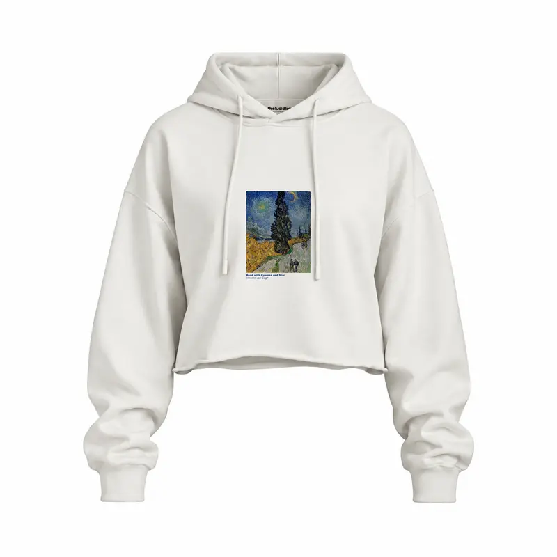 Road with Cypress and Star Oversize Crop Hoodie