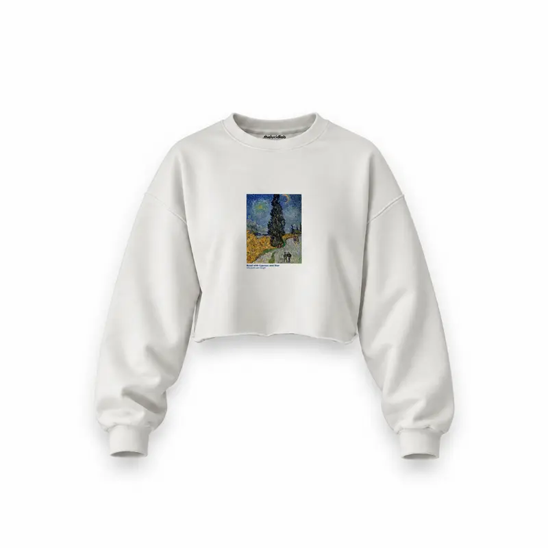 Road with Cypress and Star Oversize Crop Sweatshirt