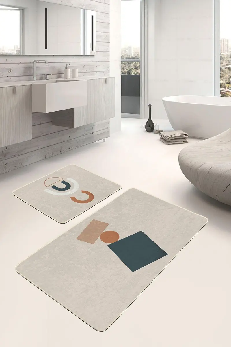 Sanatsal Motifli Dijital Baskılı 2li Banyo Paspas ve Halısı Takımı Kaymaz Taban Yıkanabilir