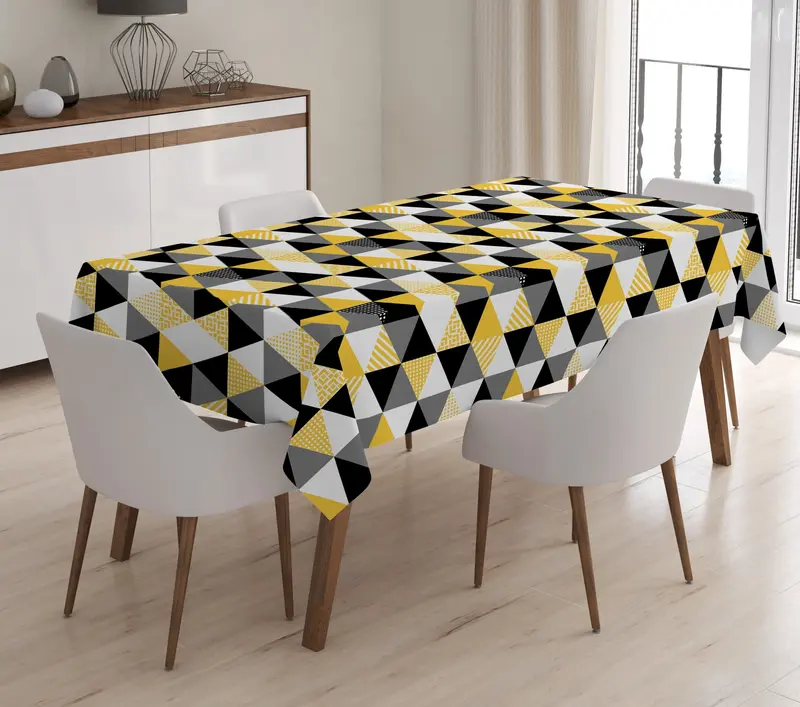 Sarı Gri Geometrik Desenli Dijital Baskılı 3D Masa Örtüsü