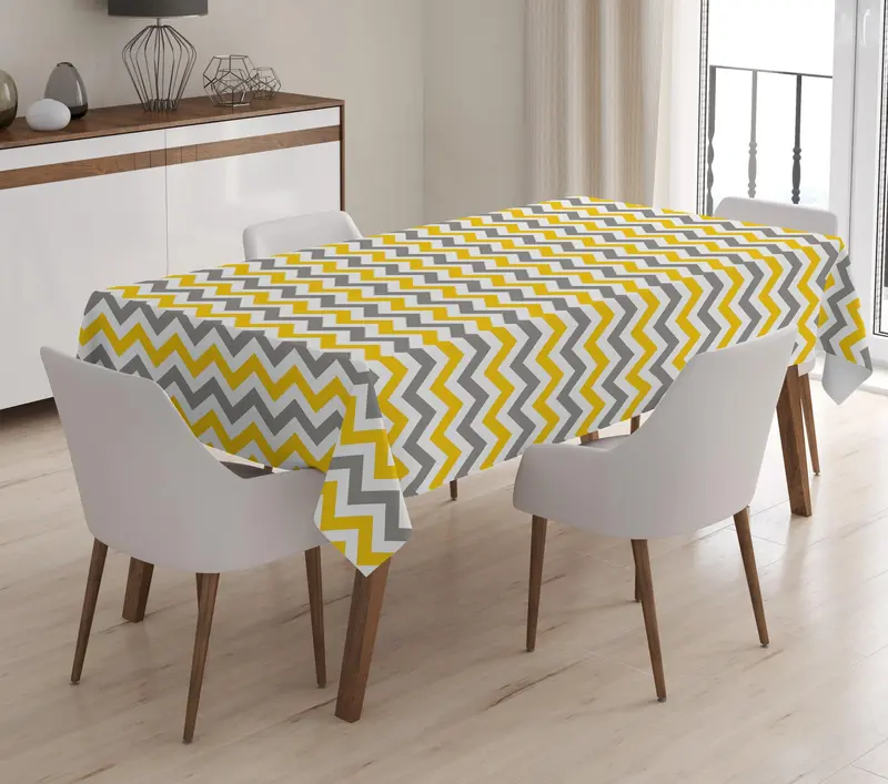 Sarı Gri Tonlarda Zigzag Desenli Dijital Baskılı Masa Örtüsü