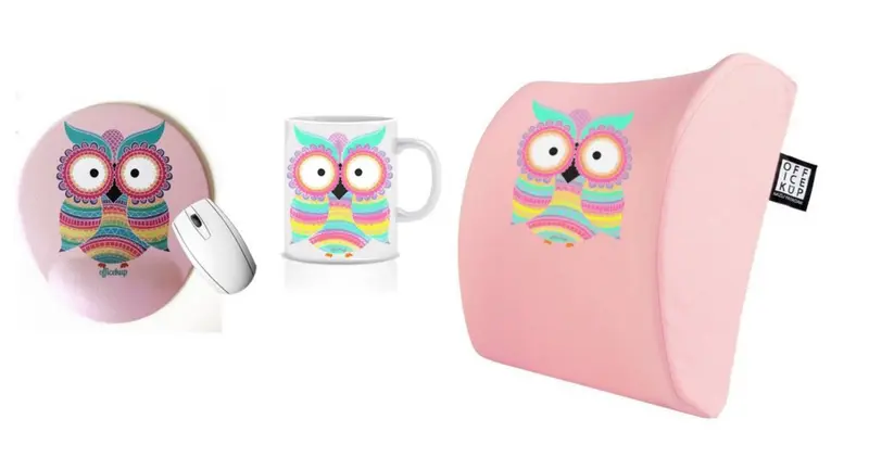 Sevimli Baykuş Visco Bel Destek Yastığı Mouse pad Kupa 3'lü Set - Pembe