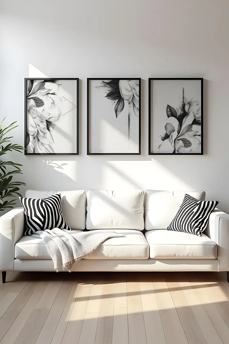 Siyah Beyaz Çiçek Desenli Tablo Seti - Modern 3’lü Set | huhu479