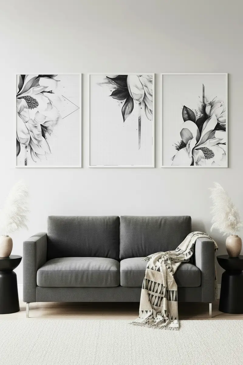 Siyah Beyaz Çiçek Desenli Tablo Seti - Modern 3’lü Set | huhu479