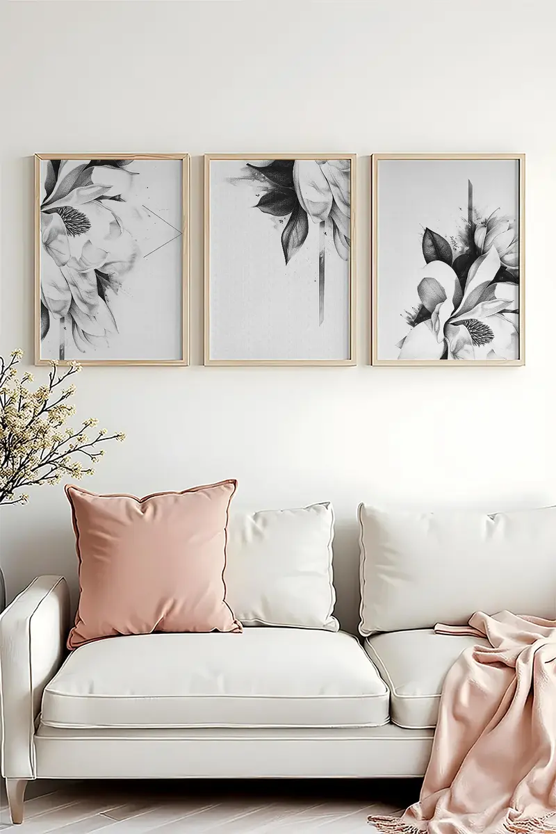 Siyah Beyaz Çiçek Desenli Tablo Seti - Modern 3’lü Set | huhu479