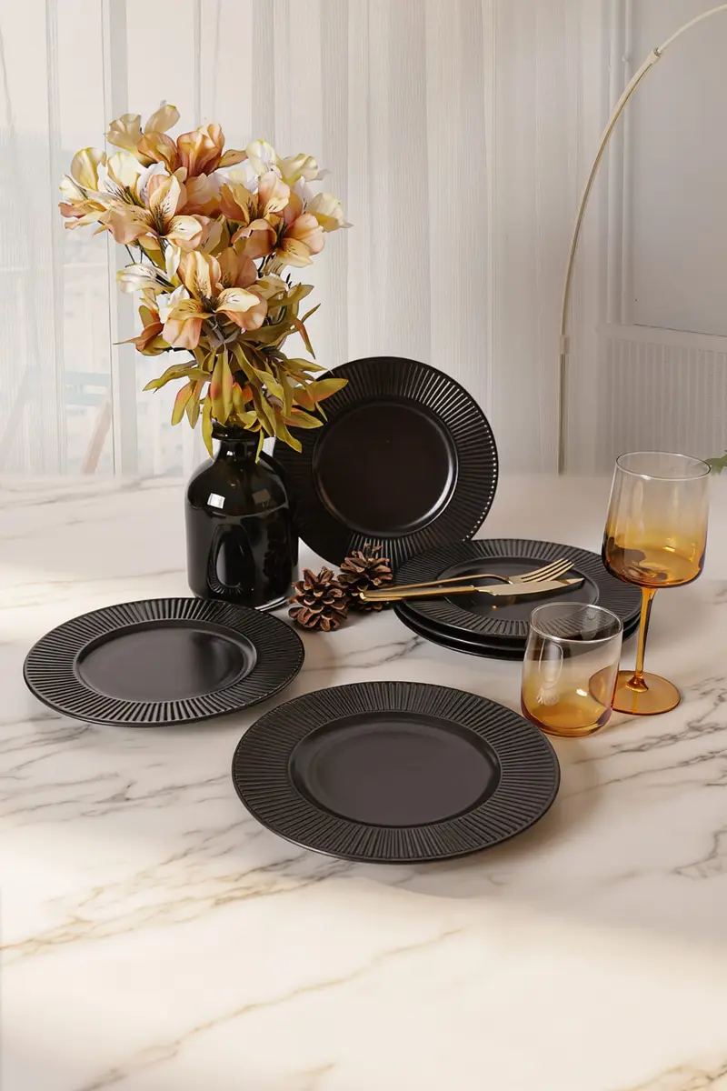 Siyah Pasta Tabağı 22 Cm - Mat Myra 6 Adet