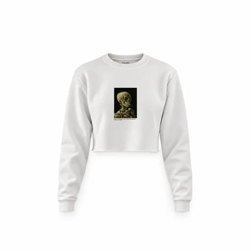Skull of a Skeleton with Burning Cigarette Crop Sweatshirt