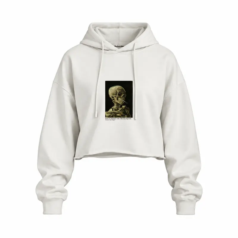 Skull of a Skeleton with Burning Cigarette Oversize Crop Hoodie
