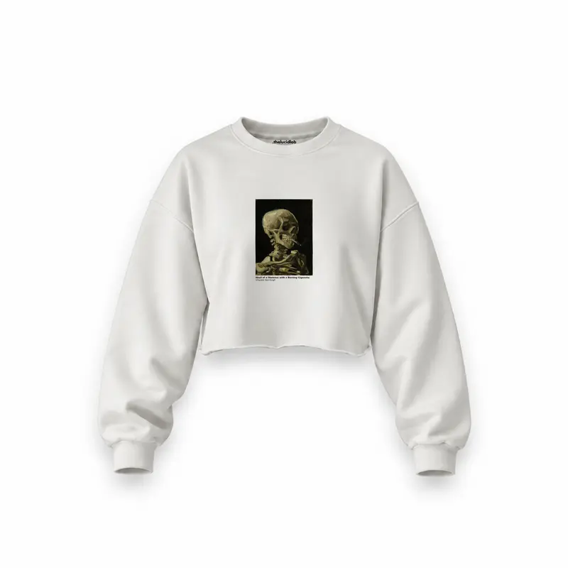 Skull of a Skeleton with Burning Cigarette Oversize Crop Sweatshirt