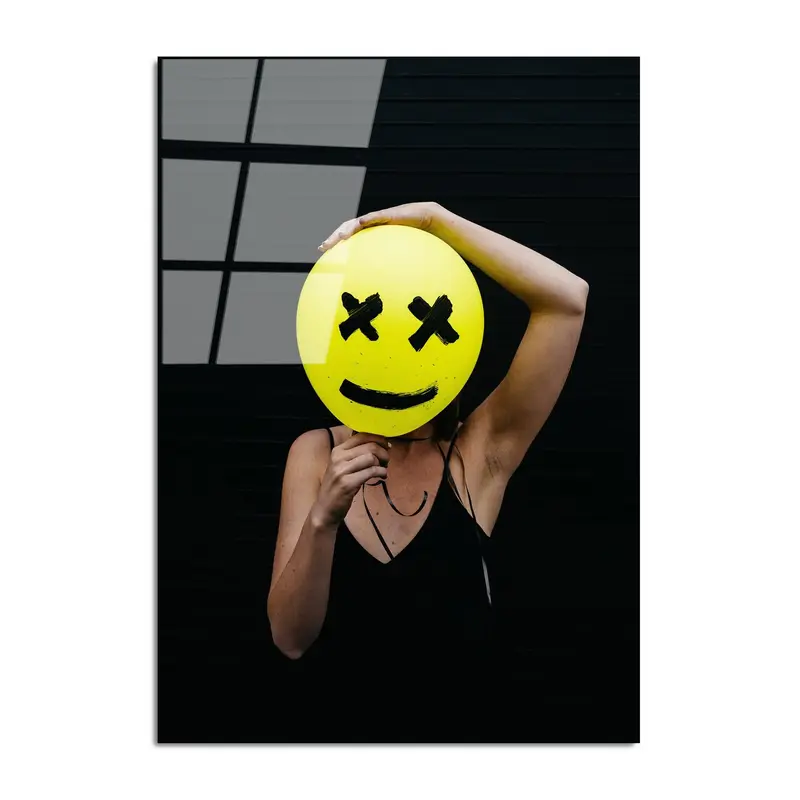 Smiley Balon Kadın Cam Tablo - Siyah