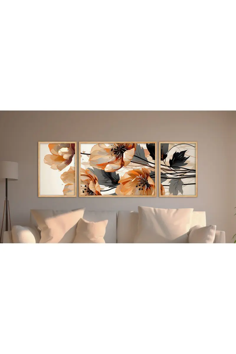 Soyut Çiçek Desenli Tablo Seti - Modern 3’lü Set | Huhu306