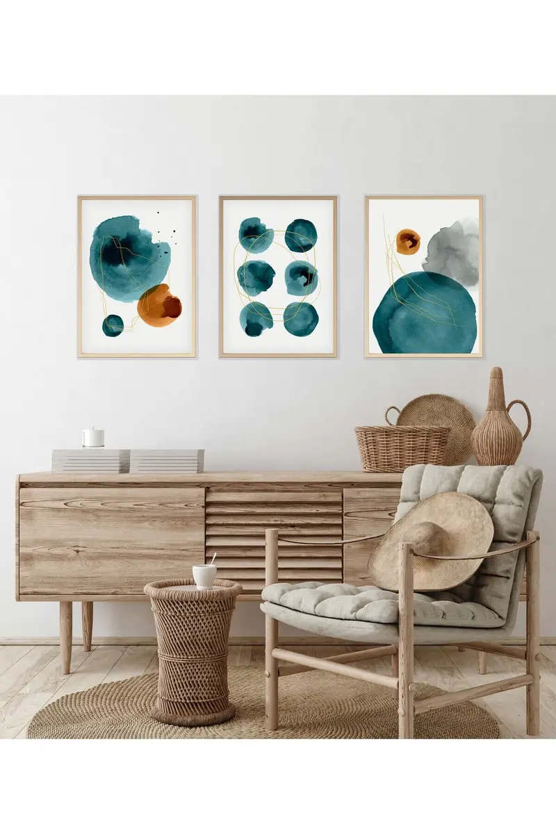 Soyut Desenli Mavi Tablo Seti - Modern 3’lü Set | huhu117