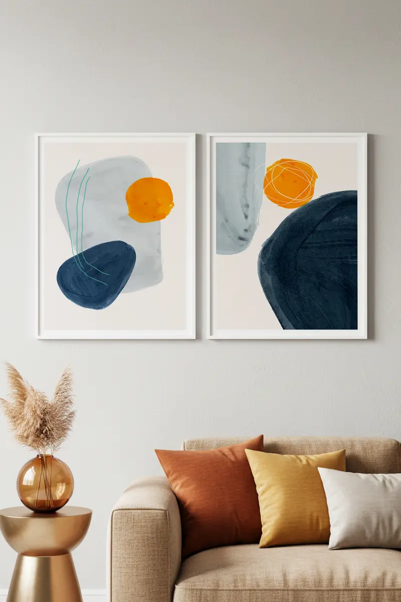 Soyut Desenli Mavi ve Turuncu Tablo Seti - Modern 2’li Set | huhu9