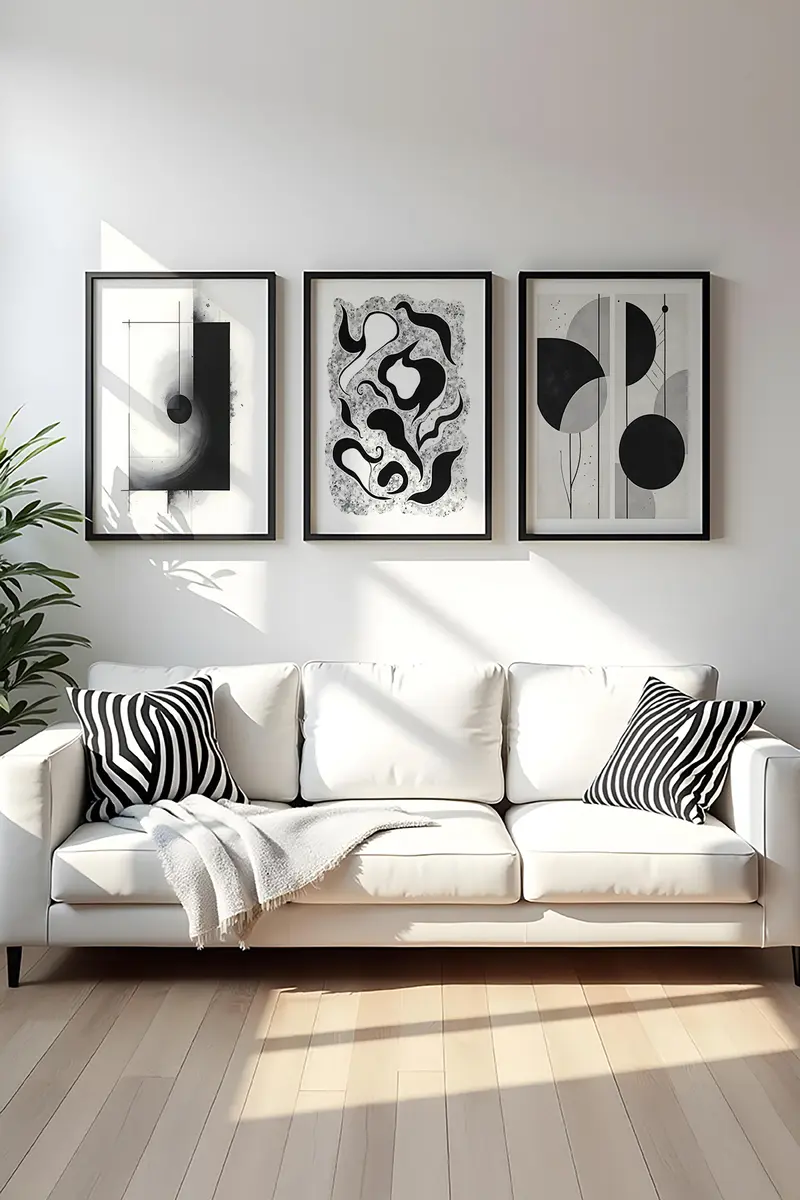 Soyut Desenli Siyah-Beyaz Tablo Seti - Modern 3’lü Set | huhu425