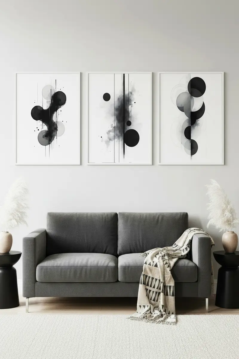 Soyut Desenli Siyah-Beyaz Tablo Seti - Modern 3’lü Set | huhu435