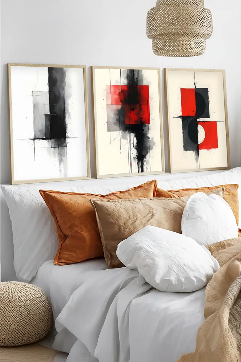 Soyut Desenli Siyah-Kırmızı Tablo Seti - Modern 3’lü Set | huhu440