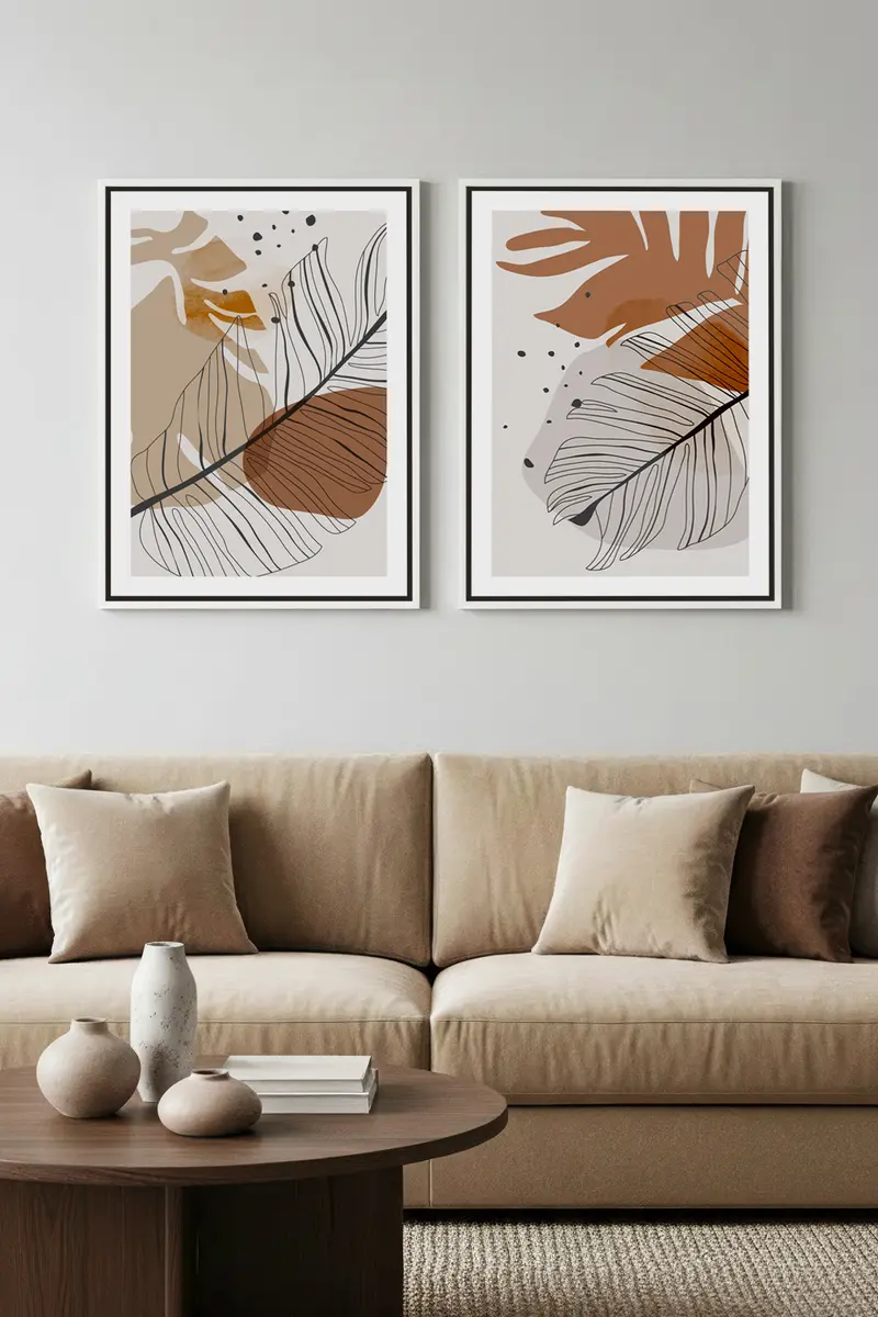 Soyut Yaprak Desenli Tablo Seti - Modern 2’li Set | huhu36