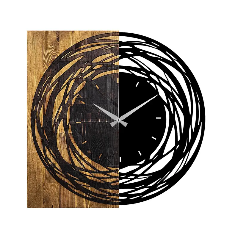 Spiral Dalga Ahşap Metal Duvar Saati - Kahve