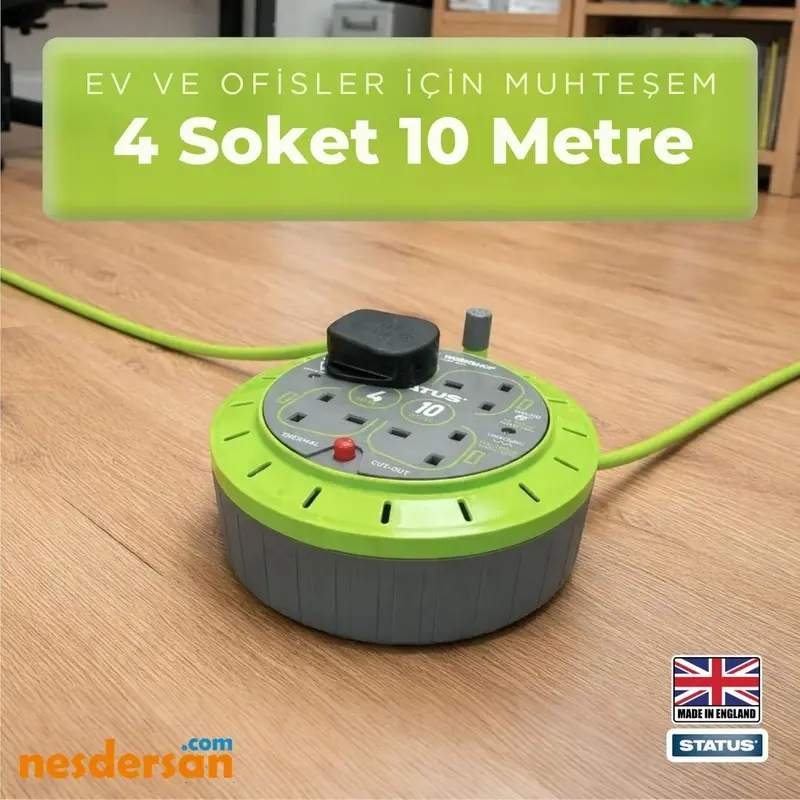 Status 4 Soketli 10 Metre Kablolu Termikli Yeşil Makaralı Seyyar Priz Uzatma Kablosu