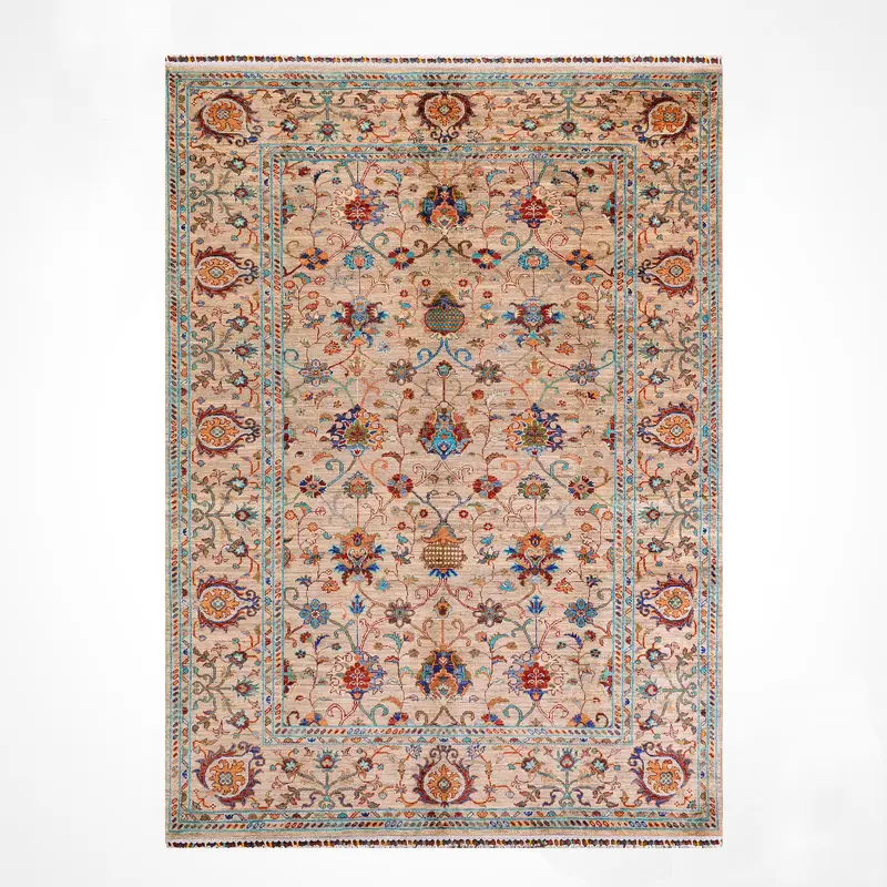 Sultani Binbirgece Orijinal El Dokuması Bej Kök Boya Yün Halı 179x240 4.30 Metrekare - 5x8 ft