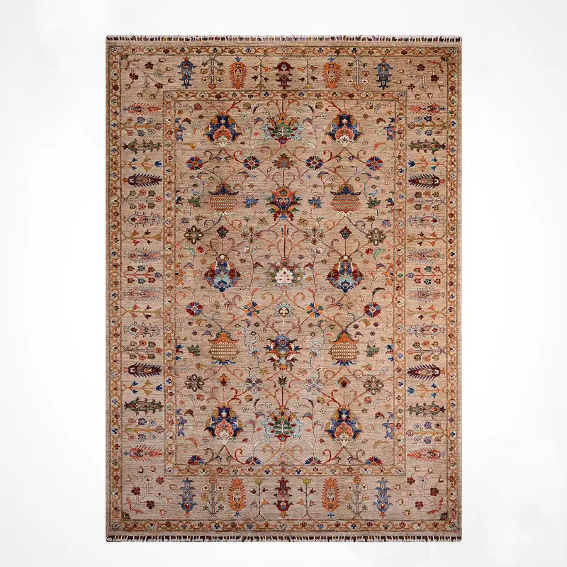 Sultani Binbirgece Orijinal El Dokuması Bej Kök Boya Yün Halı 204x302 6.16 Metrekare - 7x10 ft