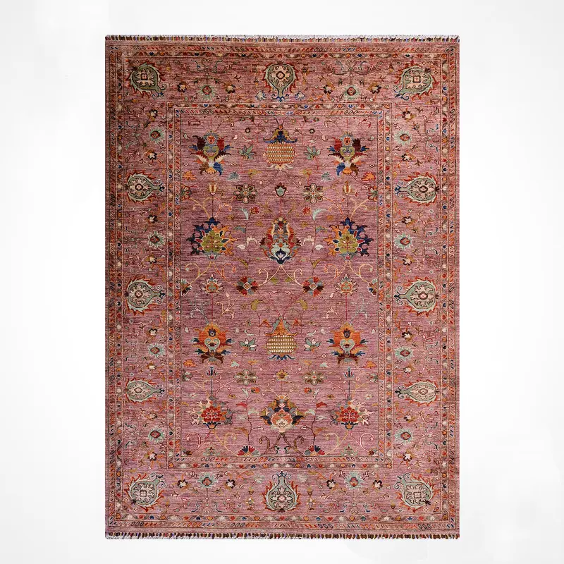 Sultani Binbirgece Orijinal El Dokuması Pembe Kök Boya Yün Halı 175x242 4.24 Metrekare - 6x8 ft
