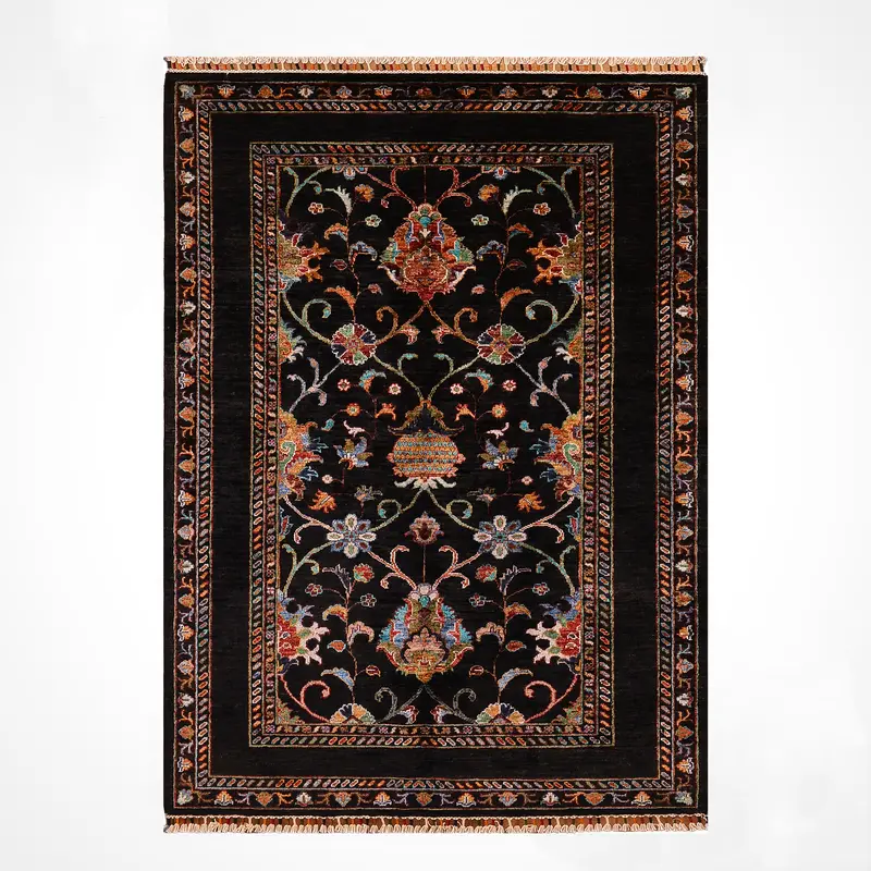 Sultani Binbirgece Orijinal El Dokuması Siyah Kök Boya Yün Halı 125x184 2.30 Metrekare - 4x6 ft