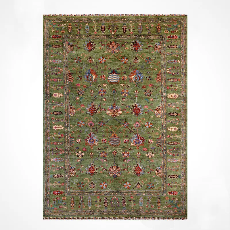 Sultani Binbirgece Orijinal El Dokuması Yeşil Kök Boya Yün Halı 206x308 6.34 Metrekare - 7x10 ft