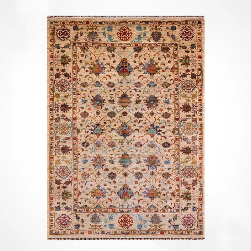 Sultani Çiçekli Orijinal El Dokuması Bej Kök Boya Yün Halı 203x312 6.33 Metrekare - 7x10 ft