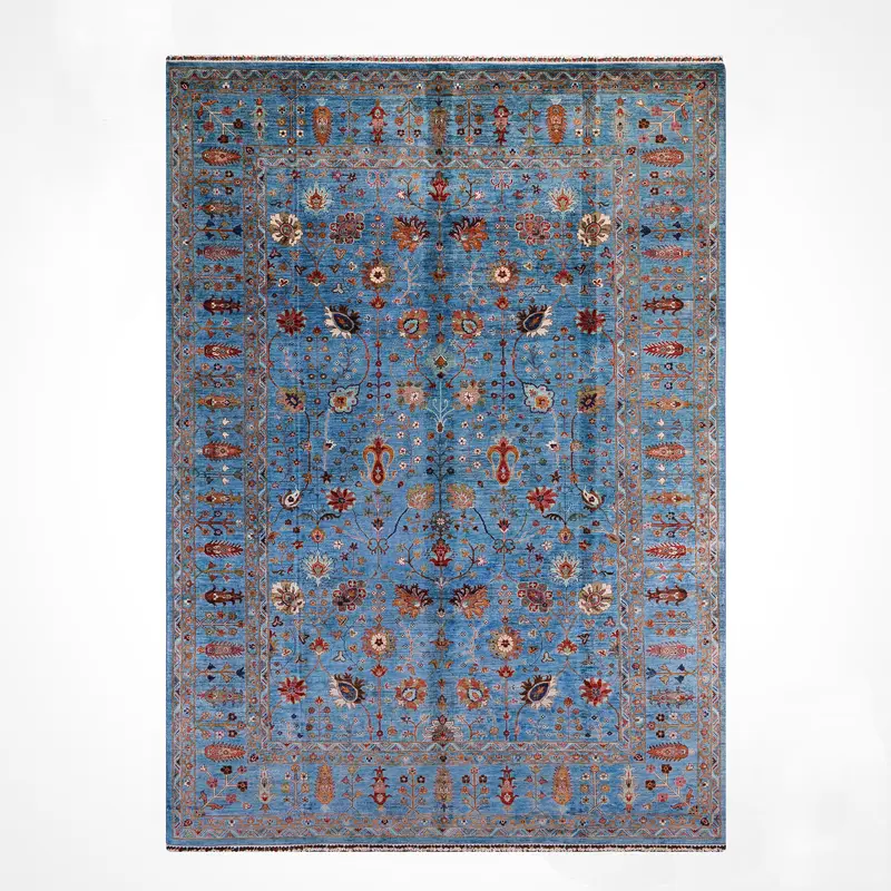 Sultani Çiçekli Orijinal El Dokuması Mavi Kök Boya Yün Halı 265x362 9.59 Metrekare - 8x12 ft
