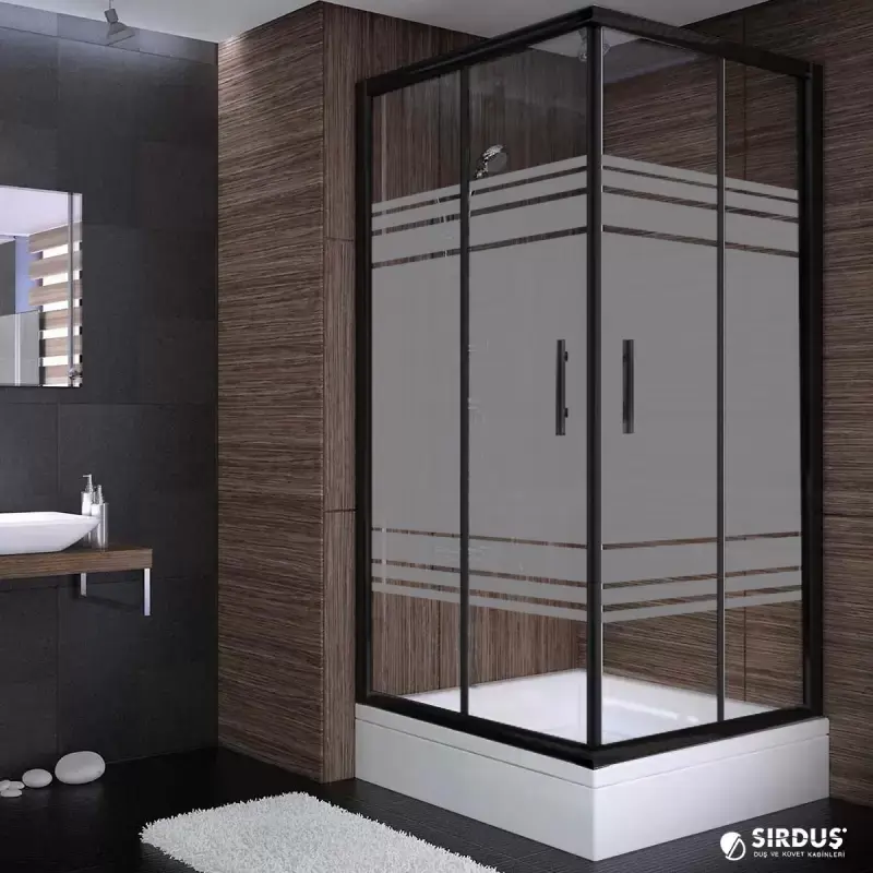Sırduş 90x90x190 Kare Siyah Profil 06 Kumlu Cam Duş Kabini & 90x90x16 Panelli Duş Teknesi Set