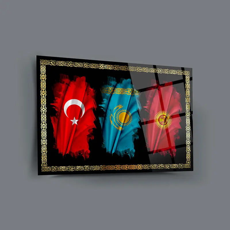 Türk Kırgız Kazak Bayrakları Cam Tablo