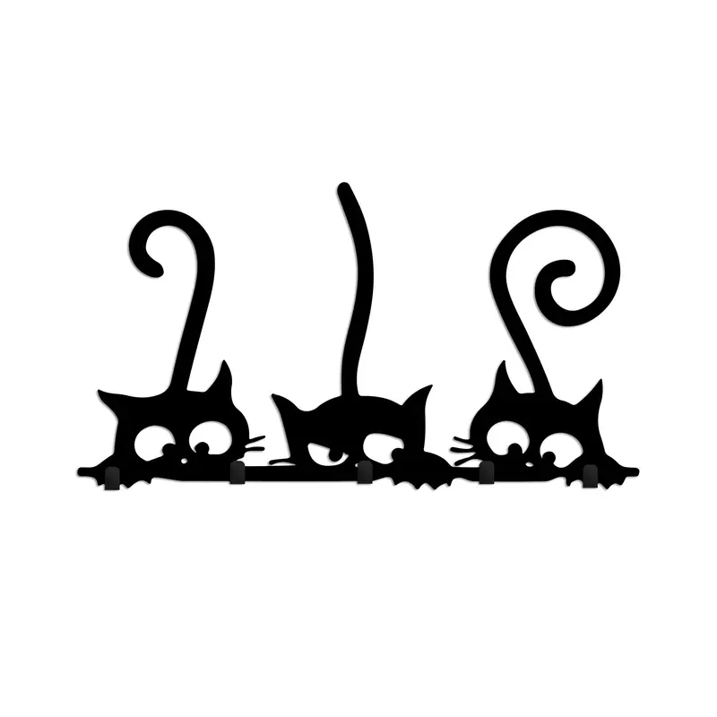 Üç Kedi Metal Duvar Askılığı - Siyah