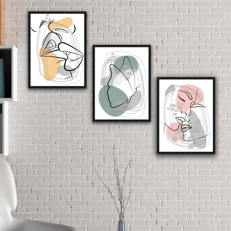 Wow 3 Parça Modern Lineart Tarzda Sanatsal Siyah Çerçeve Görünümlü Uv Baskı Mdf Ahşap Duvar Tablo Seti