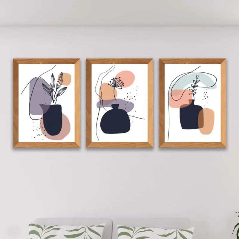 Wow 3 Parça Modern Sanatsal Tarzda Line Art (Çerçeve Görünümlü) Uv Baskı Mdf Ahşap Duvar Tablo Seti