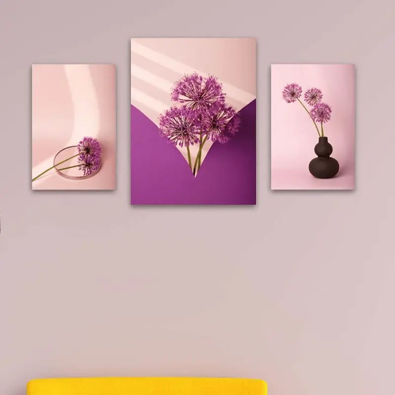 Wow 3 Parça Mor Çiçek Desenli Uv Baskı Ahşap Duvar Tablo Seti