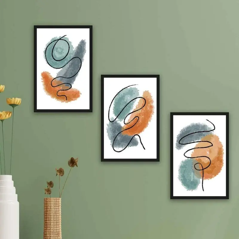 Wow 3 Parça Watercolur Tarzda Sanatsal Siyah Çerçeve Görünümlü Uv Baskı Mdf Ahşap Duvar Tablo Seti