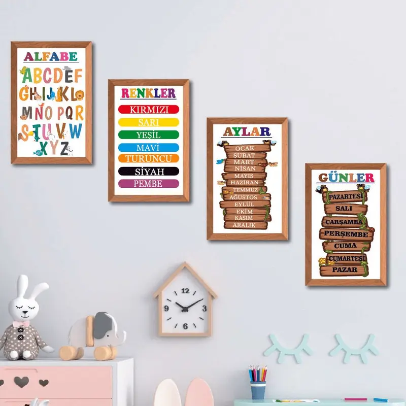 Wow 4 Parça Çoçuklar İçin Renkli Alfabe Sayılar ve Aylar Eğitici Duvar Tablo Çerçeve Görünümlü