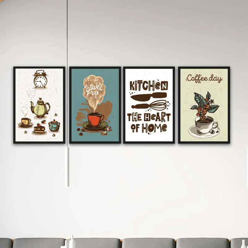 Wow 4 Parça Mutfak ve Cafe Dekorları İçin Mdf Ahşap Duvar Ahşap Duvar Tablo Seti
