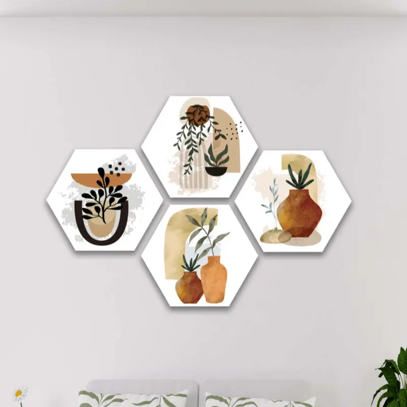 Wow 4 Parça Petek Suluboya Modern Tarzda Tasarım Uv Baskı Mdf Ahşap Duvar Tablo Seti