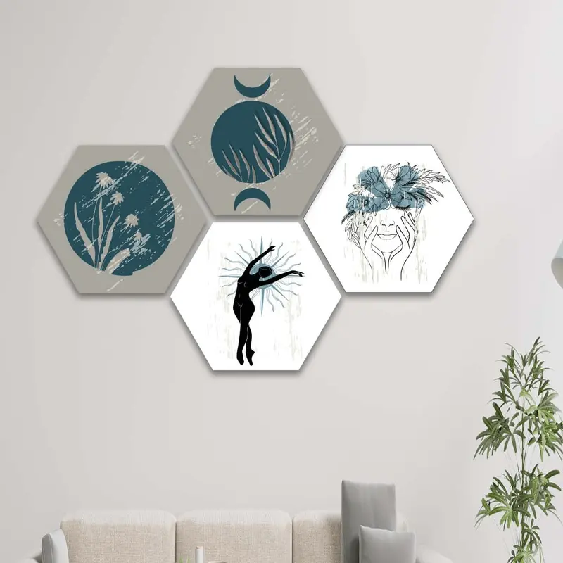 Wow 4 Parça Petek Tasarım Modern Sanat Tarzında Uv Baskı Mdf Ahşap Duvar Tablo Seti