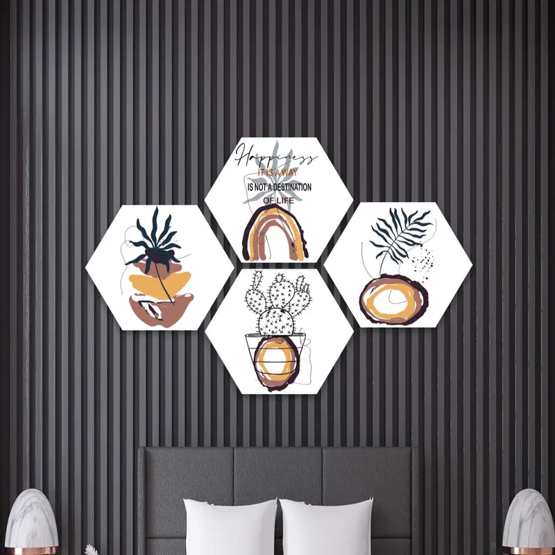 Wow 4 Parça Petek Tasarım Modern Tarzda Uv Baskı Mdf Ahşap Duvar Tablo Seti