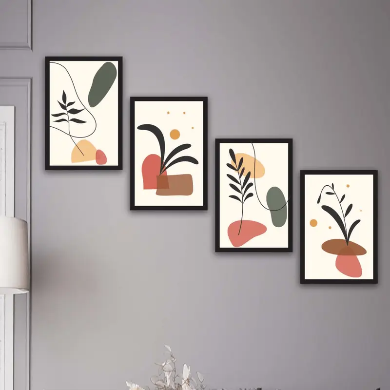 Wow 4 Parça Renkli Modern Bohem Tarzda Siyah Çerçeve Görünümlü Uv Baskı Mdf Ahşap Duvar Tablo Seti
