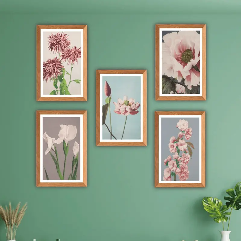 Wow 5 Parça Çerçeve Görünümlü Çiçek Desenli Uv Baskı Mdf Ahşap Duvar Tablo Seti