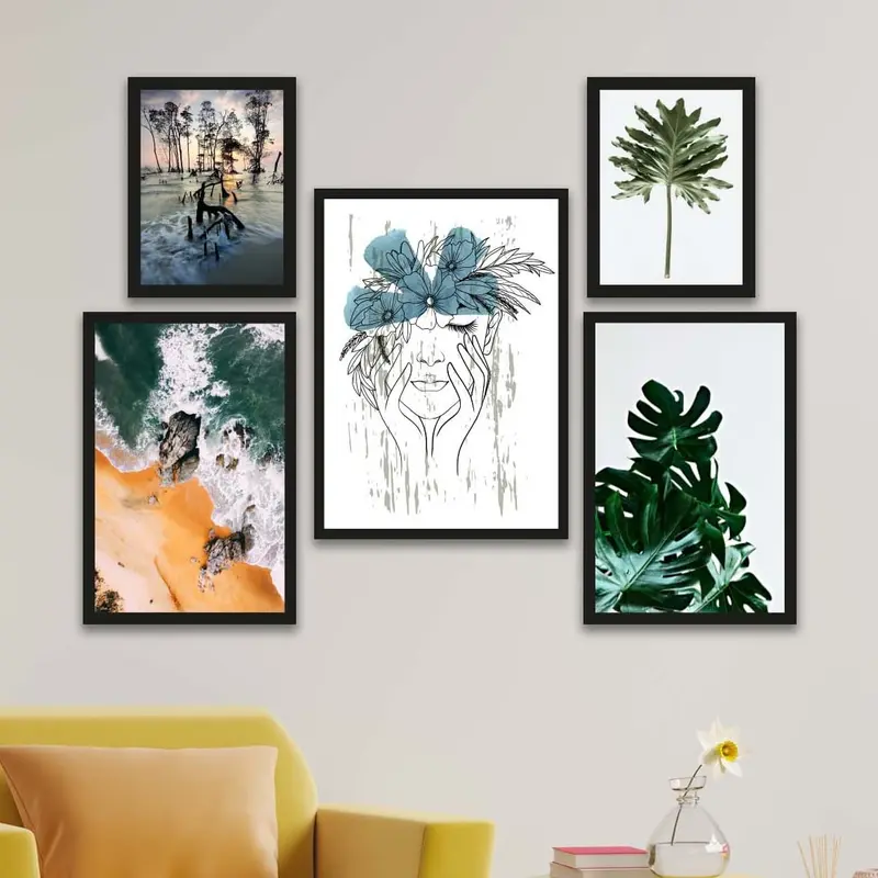 Wow 5 Parça Modern Sanat Tarzında Tasarım (Siyah Çerçeve Görünümlü) Uv Baskı Mdf Ahşap Duvar Tablo Seti