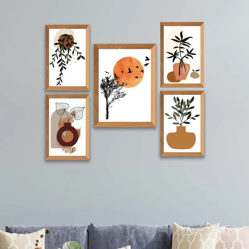 Wow 5 Parça Modern Sanatsal Bohem Tarzda (Çerçeve Görünümlü) Uv Baskı Mdf Ahşap Duvar Tablo Seti