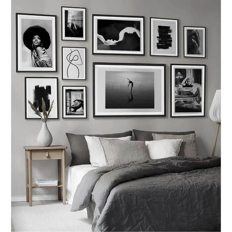 Wow Black & White 10 Parça Çerçeve Görünümlü Ahşap Duvar Tablo Seti