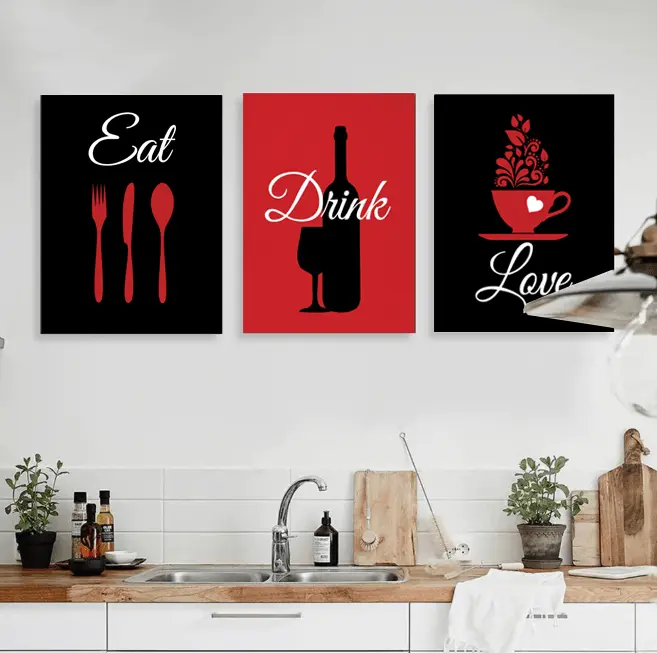 Wow Eat Drink Love 3 Parça Çerçeve Görünümlü Ahşap Duvar Tablo Seti
