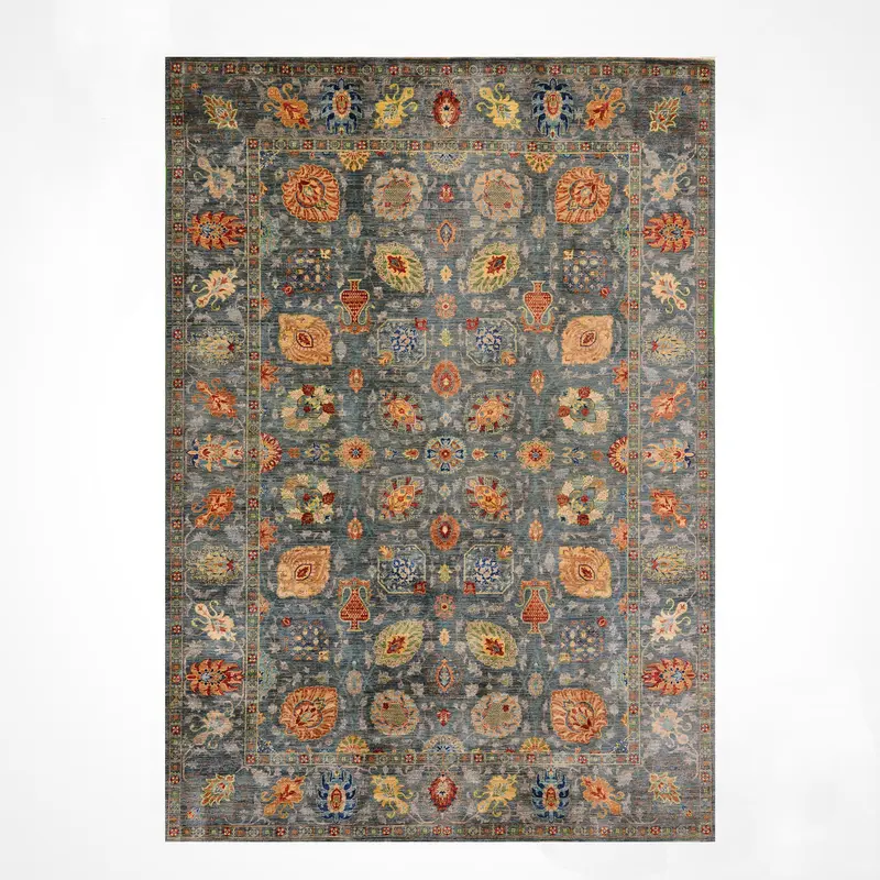 Yeşil Güllüce Orijinal Kök Boya El Dokuması Yün Halı 199x298 5.93 Metrekare - 7x10 ft